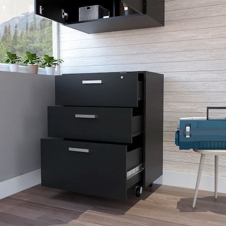 Tuhome Storage Cabinet, Superior Top, Drawer Base Cabinet, Three Drawers, Four Casters, Black DBN6774